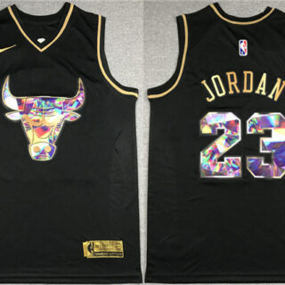 Men's Chicago Bulls #23 Michael Jordan 2021 22 Black Golden Edition 75th Anniversary Diamond Logo Stitched Basketball Jersey