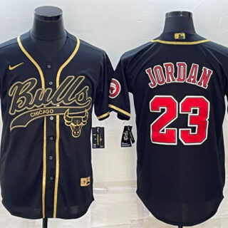 Men's Chicago Bulls #23 Michael Jordan Black Gold With Patch Cool Base Stitched Baseball Jersey