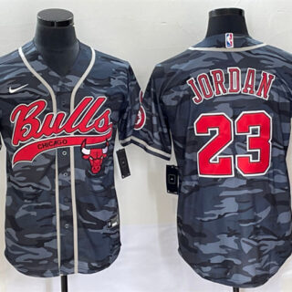Men's Chicago Bulls #23 Michael Jordan Gray Camo Cool Base Stitched Baseball Jersey