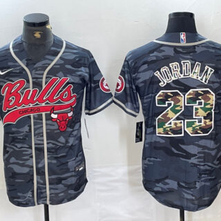 Men's Chicago Bulls #23 Michael Jordan Gray Camo Cool Base Stitched Baseball Jersey