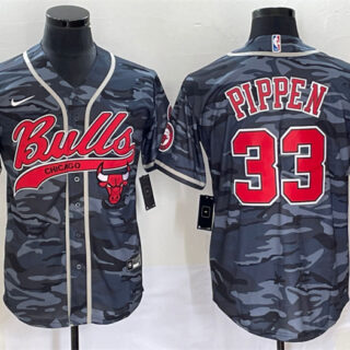 Men's Chicago Bulls #33 Scottie Pippen Gray Camo Cool Base Stitched Baseball Jersey
