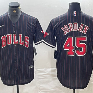 Men's Chicago Bulls #45 Michael Jordan Black Pinstripe Cool Base Stitched Baseball Jerseys