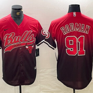 Men's Chicago Bulls #91 Dennis Rodman Red Black With Patch Cool Base Stitched Baseball Jerseys