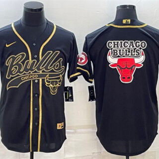 Men's Chicago Bulls Black Gold Team Big Logo Cool Base Stitched Baseball Jersey