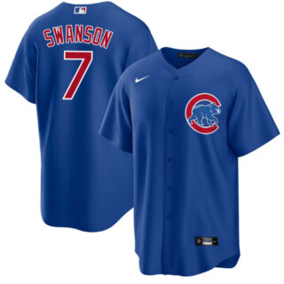 Men's Chicago Cubs #7 Dansby Swanson Royal Cool Base Stitched Baseball Jersey