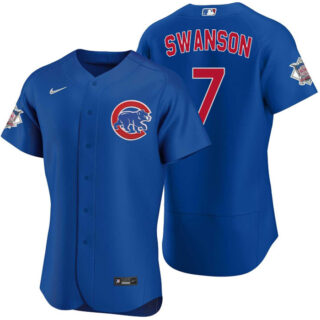 Men's Chicago Cubs #7 Dansby Swanson Royal Flex Base Stitched Baseball Jersey