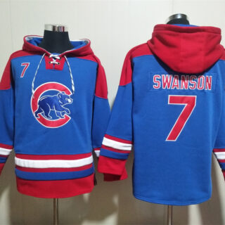 Men's Chicago Cubs #7 Dansby Swanson Royal Red Ageless Must-Have Lace-Up Pullover Hoodie