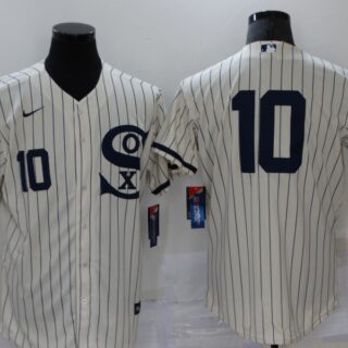 Men's Chicago White Sox #10 Yoan Moncada 2021 Cream Navy Field of Dreams Number Flex Base Stitched Jersey