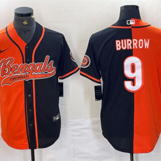 Men's Cincinnati Bengals #9 Joe Burrow Black Orange Split With Patch Cool Base Stitched Baseball Jersey