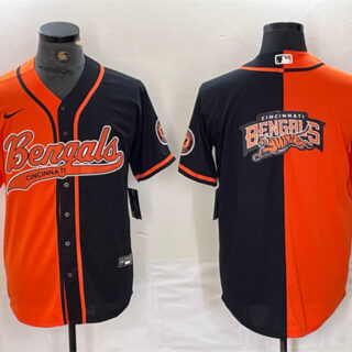 Men's Cincinnati Bengals Team Big Logo Black Orange Split With Patch Cool Base Stitched Baseball Jersey