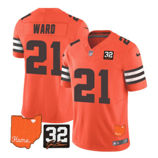 Men's Cleveland Browns #21 Denzel Ward Orange 2023 F.U.S.E. With Jim Brown Memorial Patch Vapor Untouchable Limited Stitched Jersey