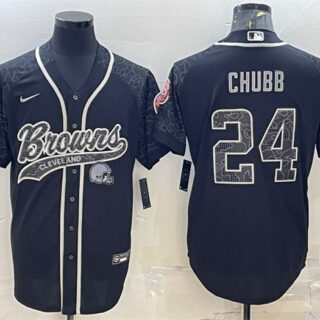 Men's Cleveland Browns #24 Nick Chubb Black Reflective With Patch Cool Base Stitched Baseball Jersey