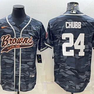 Men's Cleveland Browns #24 Nick Chubb Grey Camo With Patch Cool Base Stitched Baseball Jersey