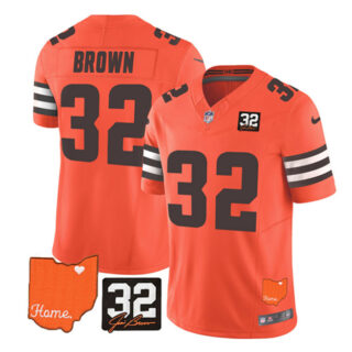 Men's Cleveland Browns #32 Jim Brown Orange 2023 F.U.S.E. With Jim Brown Memorial Patch Vapor Untouchable Limited Stitched Jersey