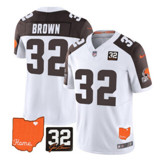 Men's Cleveland Browns #32 Jim Brown White Brown 2023 F.U.S.E. With Jim Brown Memorial Patch Vapor Untouchable Limited Stitched Jersey
