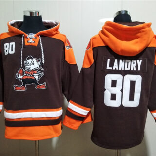 Men's Cleveland Browns #80 Jarvis Landry Brown Lace-Up Pullover Hoodie