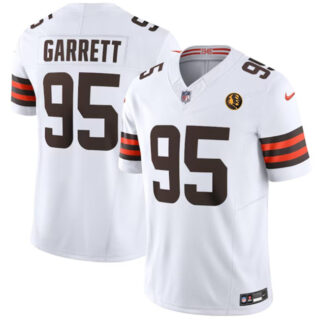 Men's Cleveland Browns #95 Myles Garrett White 2023 F.U.S.E. With John Madden Patch Vapor Limited Stitched Football Jersey