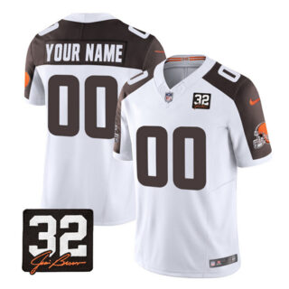 Men's Cleveland Browns Active Player Custom White Brown 2023 F.U.S.E. With Jim Brown Memorial Patch Vapor Untouchable Limited Stitched Jersey