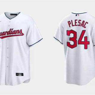 Men's Cleveland Guardians #34 Zach Plesac White Cool Base Stitched Jersey
