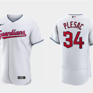 Men's Cleveland Guardians #34 Zach Plesac White Flex Base Stitched Jersey