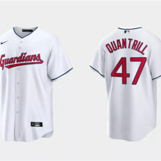 Men's Cleveland Guardians #47 Cal Quantrill White Cool Base Stitched Jersey