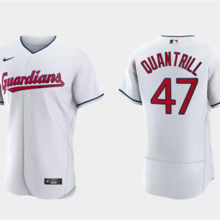Men's Cleveland Guardians #47 Cal Quantrill White Flex Base Stitched Jersey