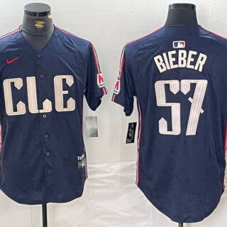 Men's Cleveland Guardians #57 Shane Bieber Navy 2024 City Connect Limited Stitched Baseball Jersey