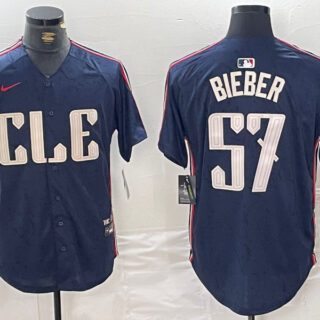 Men's Cleveland Guardians #57 Shane Bieber Navy 2024 City Connect Limited Stitched Baseball Jerseys