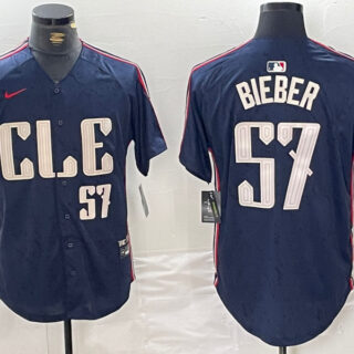 Men's Cleveland Guardians #57 Shane Bieber Navy 2024 City Connect Limited Stitched Baseball Jerseys