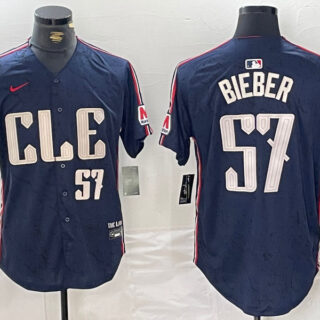 Men's Cleveland Guardians #57 Shane Bieber Navy 2024 City Connect Limited Stitched Baseball Jerseys