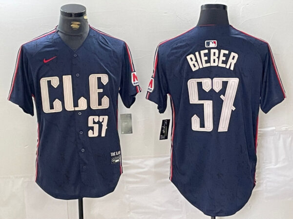 Men's Cleveland Guardians #57 Shane Bieber Navy 2024 City Connect Limited Stitched Baseball Jerseys