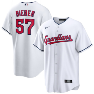 Men's Cleveland Guardians #57 Shane Bieber White Cool Base Stitched Baseball Jersey