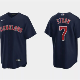 Men's Cleveland Guardians #7 Myles Straw Navy Cool Base Stitched Jersey