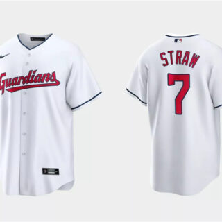 Men's Cleveland Guardians #7 Myles Straw White Cool Base Stitched Jersey