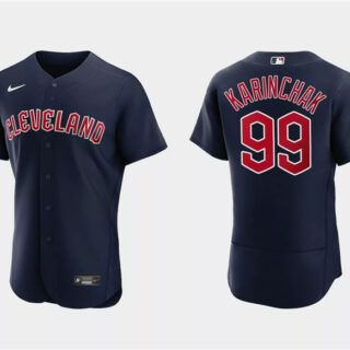 Men's Cleveland Guardians #99 James Karinchak Navy Flex Base Stitched Jersey