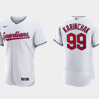 Men's Cleveland Guardians #99 James Karinchak White Flex Base Stitched Jersey