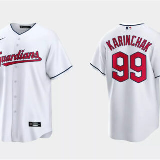 Men's Cleveland Guardians #99James Karinchak White Cool Base Stitched Jersey