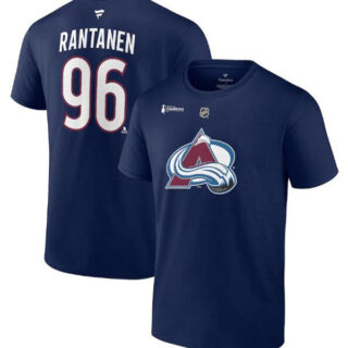 Men's Colorado Avalanche #96 Mikko Rantanen Navy 2022 Stanley Cup Champions Authentic Stack Name & Number T-Shirt