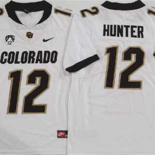 Men's Colorado Buffaloes #12 Travis Hunter White 2023 With PAC-12 Patch Stitched Football Jersey