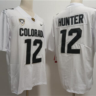 Men's Colorado Buffaloes #12 Travis Hunter White With PAC-12 Patch Stitched Football Jersey