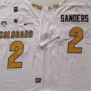 Men's Colorado Buffaloes #2 Shedeur Sanders White With PAC-12 Patch Stitched Football Jersey