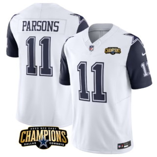 Men's Dallas Cowboys #11 Micah Parsons White Navy 2023 F.U.S.E. NFC East Champions Patch Stitched Football Jersey