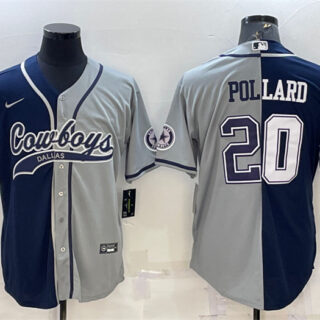 Men's Dallas Cowboys #20 Tony Pollard Navy Grey Split With Patch Cool Base Stitched Baseball Jersey
