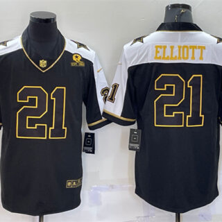 Men's Dallas Cowboys #21 Ezekiel Elliott Black Gold Thanksgiving With Patch Stitched Jersey