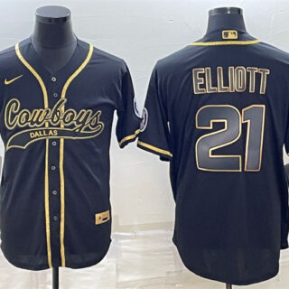Men's Dallas Cowboys #21 Ezekiel Elliott Black Gold With Patch Cool Base Stitched Baseball Jersey