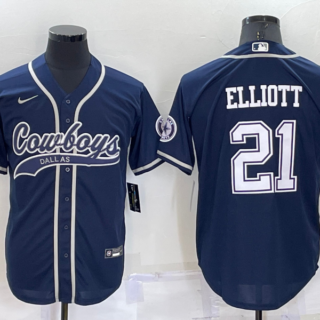 Men's Dallas Cowboys #21 Ezekiel Elliott Navy Cool Base Stitched Baseball Jersey
