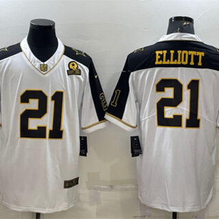 Men's Dallas Cowboys #21 Ezekiel Elliott White Gold Edition With 1960 Patch Limited Stitched Football Jersey