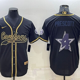 Men's Dallas Cowboys #4 Dak Prescott Black Gold Team Big Logo With Patch Cool Base Stitched Baseball Jersey