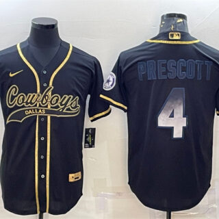 Men's Dallas Cowboys #4 Dak Prescott Black Gold With Patch Cool Base Stitched Baseball Jersey