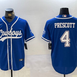 Men's Dallas Cowboys #4 Dak Prescott Royal With Patch Cool Base Stitched Baseball Jersey